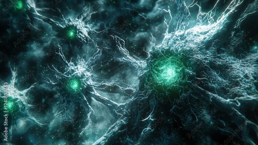 Fototapeta premium Abstract Neurons with Glowing Green Nodes in a Sci-Fi Environment
