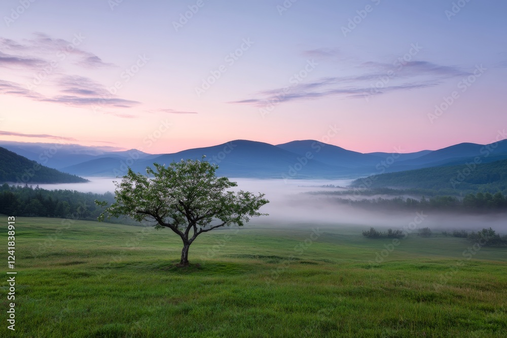 A blooming young tree graces a lush green meadow at sunrise, surrounded by soft light and misty mountains, creating a tranquil and peaceful atmosphere A blooming young tree graces a lush green meadow at sunrise, surrounded by soft light and misty mountains, creating a tranquil and peaceful atmosphere