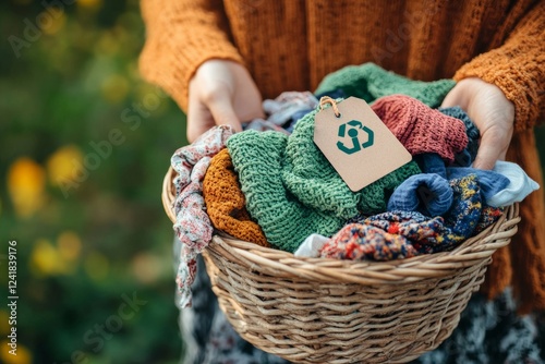 A wicker basket filled with colorful knitted scarves and clothing, held by hands in a warm orange sweater, featuring an eco-friendly tag symbol in a natural outdoor setting. photo