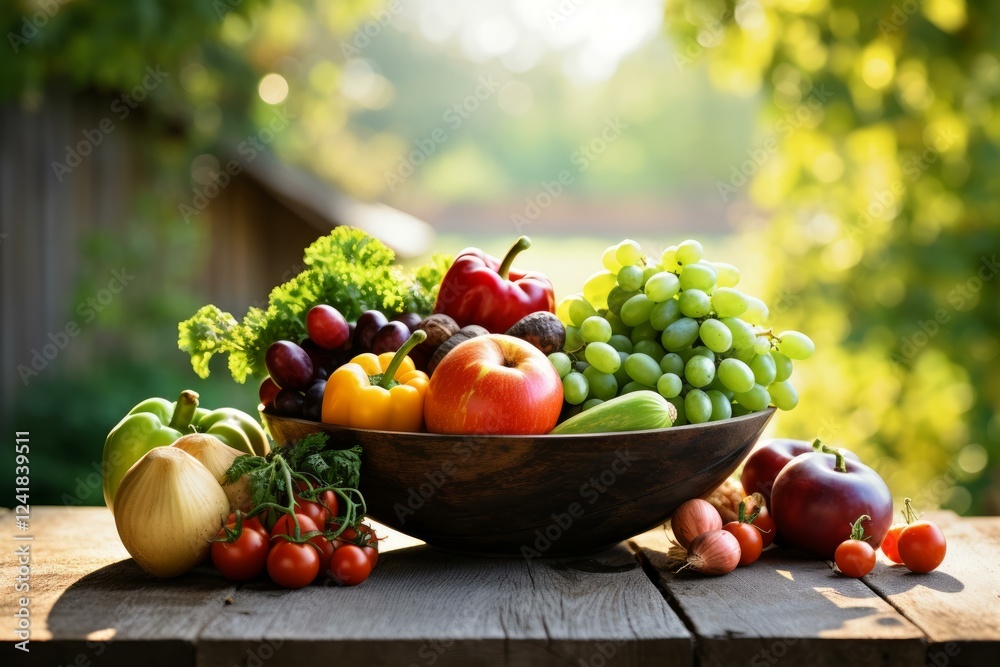 Φωτογραφία Variety of fresh fruits and vegetables overflowing a wooden bowl on a rustic tab
