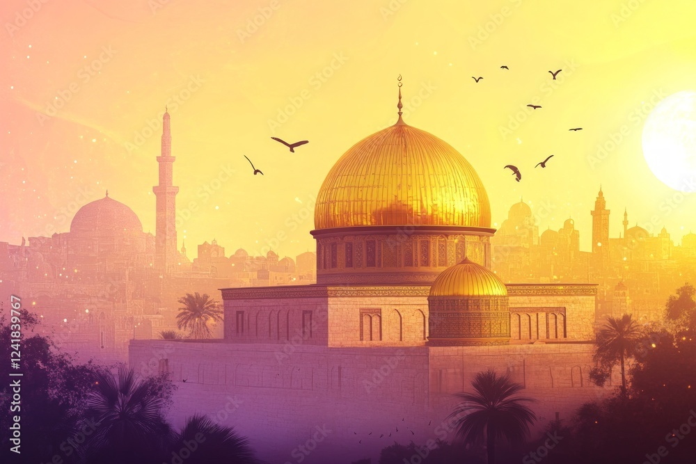 Fototapeta premium Golden Dome Majestic Sunrise Cityscape: A Stunning Architectural Masterpiece