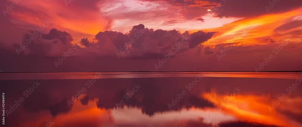 Fototapeta premium Vivid orange and pink clouds reflecting the days last light over the horizon
