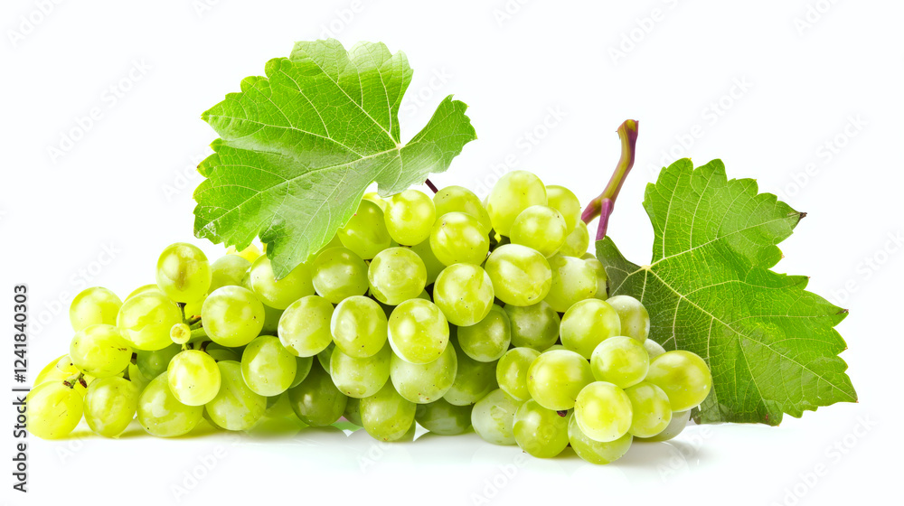 A bunch of green grapes with leaves is displayed against a white background. Concept of fresh fruit. For food and health promotions. A bunch of green grapes with leaves is displayed against a white background. Concept of fresh fruit. For food and health promotions.