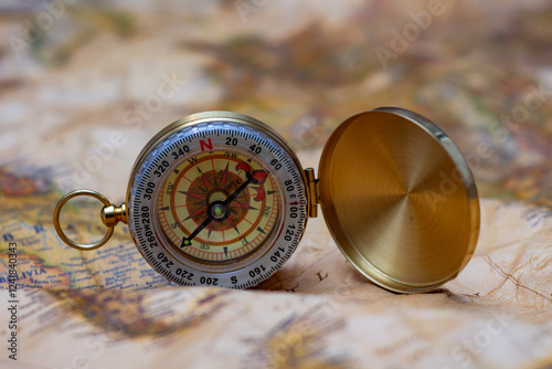 Antique brass compass resting on a world map, symbolizing travel and adventure. photo