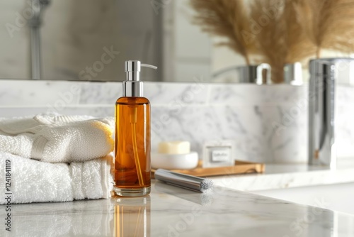 A sleek amber soap dispenser with a silver pump sits on a luxurious marble bathroom countertop near neatly folded white towels and minimalistic decor accents photo