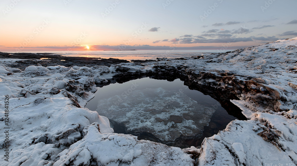 Winter sunset over frozen coastal pool Winter sunset over frozen coastal pool