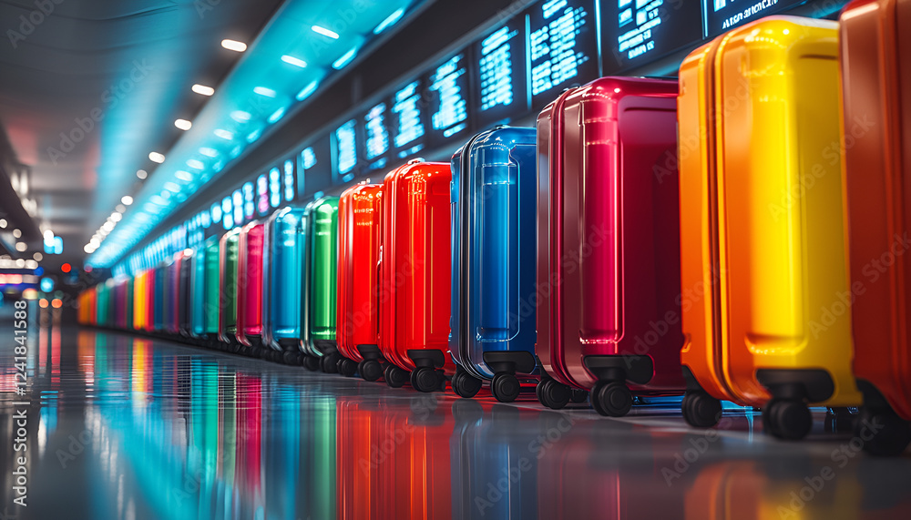 Fototapeta premium Assorted luggage suitcases in a bright airport terminal wide banner layout with open copy space perfect for summer getaways, family holidays, and travel inspiration