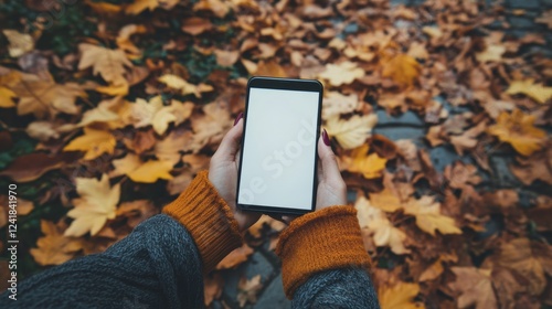 Woman holding a phone with a white screen, potential usecase for technology, mobile, and lifestyle concepts photo