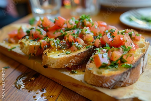 Slices of toasted bread topped with chopped tomatoes, fresh herbs and olive oil create a simple yet flavorful bruschetta