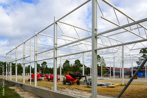 Modern self propelled construction hydraulic lifts on modern metal frame building construction site photo