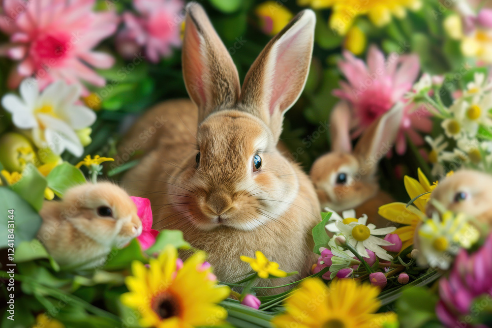 Fototapeta premium Easter Bunny and Chicks Enjoying a Game of Hide-and-Seek for Spring: Easter