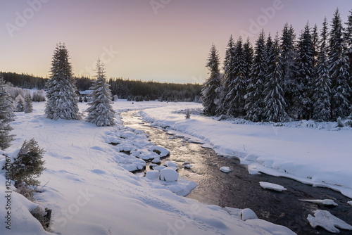Winter motif. Landscape of Šumava. Winter mood photography. Snow. Dawn in the mountains. Beautiful picture. Roklanský stream. 