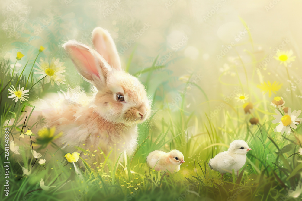 Obraz premium Easter Bunny and Chicks Playing in a Green Meadow for Spring Celebration: Easter