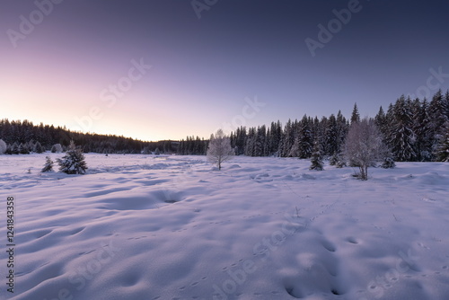 Winter motif. Landscape of Šumava. Winter mood photography. Snow. Dawn in the mountains. Beautiful picture. Roklanský stream. 