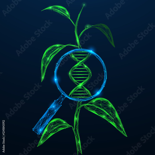 DNA spiral of a plant under a magnifying glass. Polygonal design of interconnected elements.