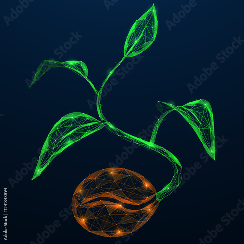 A green sprout with leaves growing from a grain. Polygonal design of interconnected lines and dots.