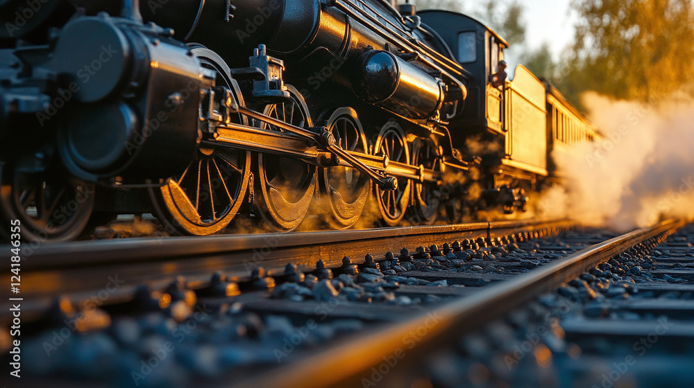 Naklejka premium Closeup of a black vintage, historic steam locomotive with wagons, toy or model on the railroad tracks, movement.