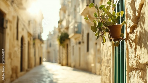 Fototapeta Naklejka Na Ścianę i Meble -    A potted plant hangs from a building's side on a narrow European street