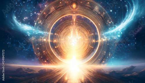 A massive, glowing portal suspended in the cosmos, swirling with radiant energy and sacred symbols. Inside the portal, holographic Akashic records of past lives and universal wisdom