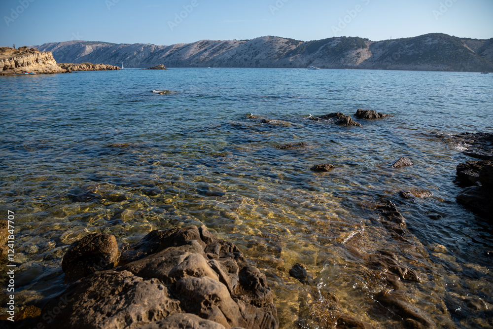 View of scenic landscape with rocks and sea on the Adriatic Sea, Croatia.
