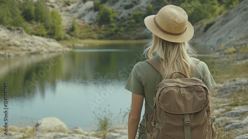 Rearview photography of a young woman with blonde hair wearing an olive t shirt, straw hat and a backpack. standing on a rocky ground in nature and looking at the calm lake water landscape outdoors.