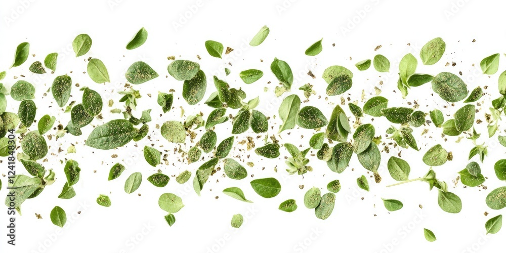Oregano Herb Medley: Dried Flakes Accompanied by Fresh Green Leaves on a Crisp White Background