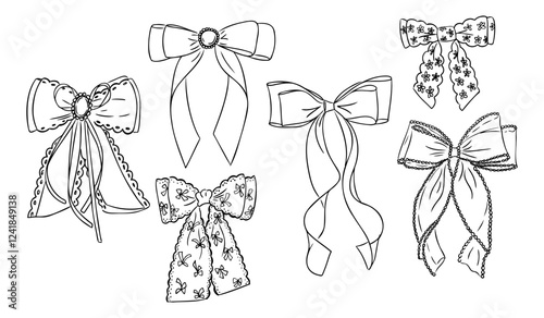 Set of romantic hand drawn bows with intricate lace, floral patterns, and elegant ribbons, showcasing vintage and decorative design elements in black and white. Vector line art illustration