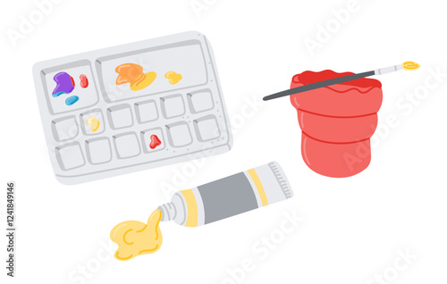 Art supplies illustration with a paint palette with colorful paints, a paintbrush, a red water cup, and a squeezed tube of yellow paint in a flat, minimalistic style. Vector hand drawn illustrations