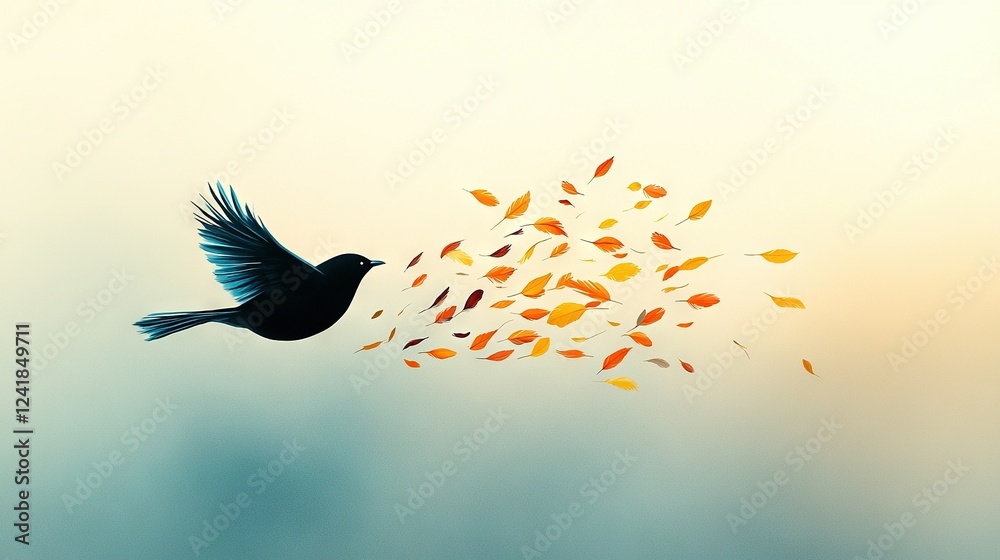 Fototapeta premium A bird soaring in the sky with leaves trailing behind it