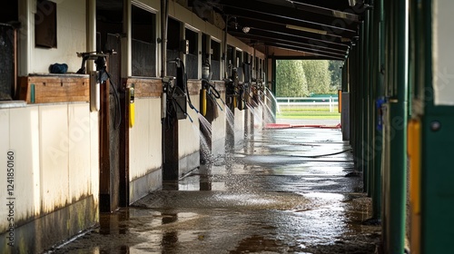 Racehorse Stables Washdown: A Wet Day at the Track