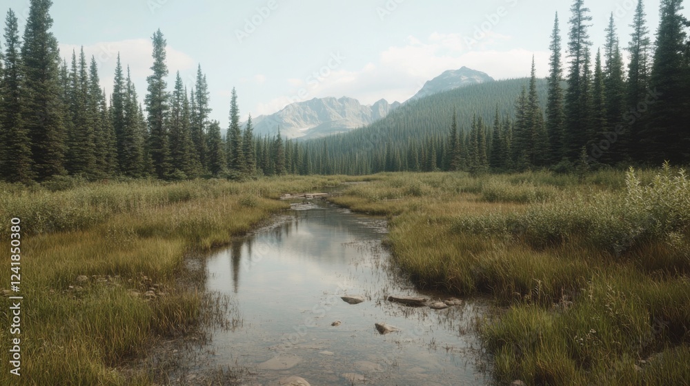 Calm mountain stream reflecting trees, hazy mountains