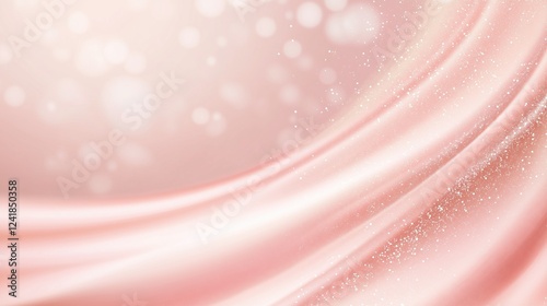 Rose Gold Silk Drape: Luxurious blush pink silk fabric gracefully drapes, creating soft, elegant waves with a subtle sparkle. The bokeh background adds a dreamy, ethereal feel.