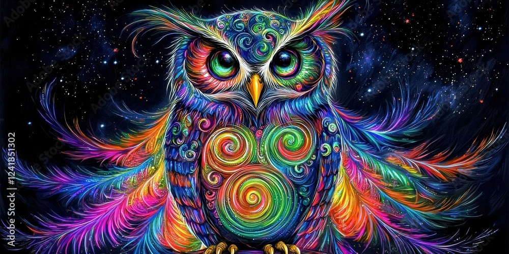 Fototapeta Colorful owl in space. AI.