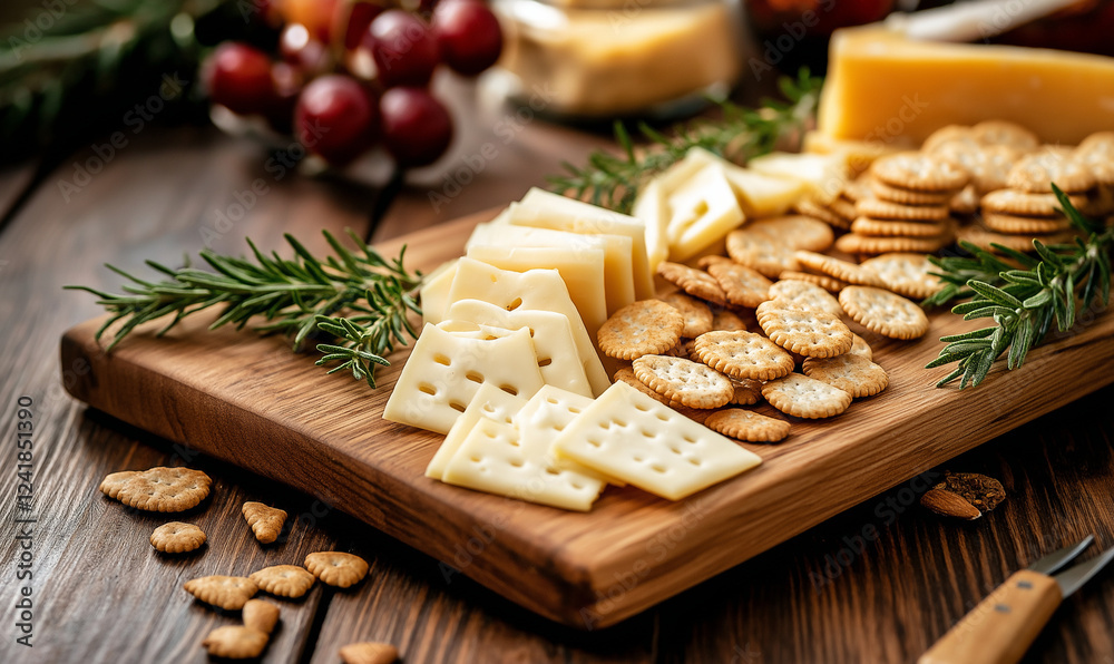 Wooden serving board with cheese and crackers, a stylish addition to any casual gathering or party Wooden serving board with cheese and crackers, a stylish addition to any casual gathering or party