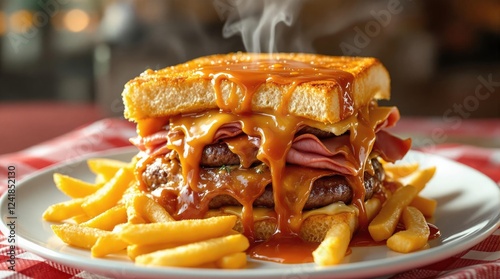 Francesinha, Layered Sandwich with Cured Meat and Cheese, Portuguese Food Menu Restaurant Photography photo