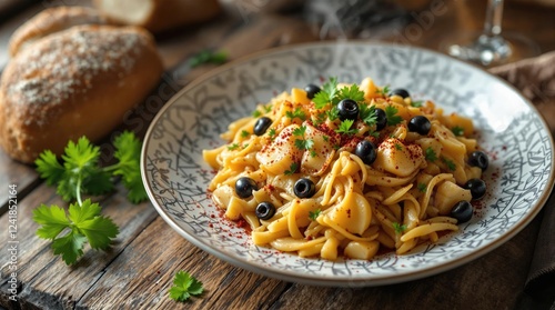 Bacalhau à Brás, Cod with Potatoes, Onions and Black Olives, Portuguese Food Menu Restaurant Photography