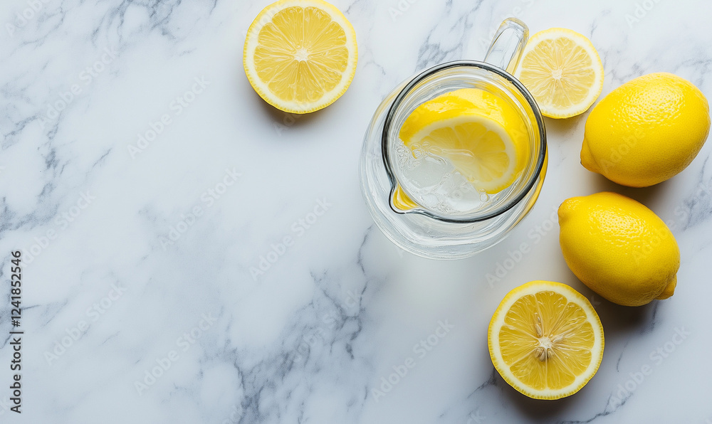 Water Jug and Fresh Lemon on Marble Counter – A Refreshing Touch for Your Kitchen Countertop Water Jug and Fresh Lemon on Marble Counter – A Refreshing Touch for Your Kitchen Countertop