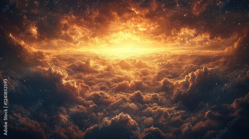 Fototapeta premium Fiery sunset above cloudscape, cosmic background, fantasy art
