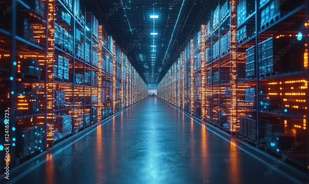 A digital warehouse displays advanced augmented tech with lit shelves and a sleek path for efficient operations and logistics A digital warehouse displays advanced augmented tech with lit shelves and a sleek path for efficient operations and logistics