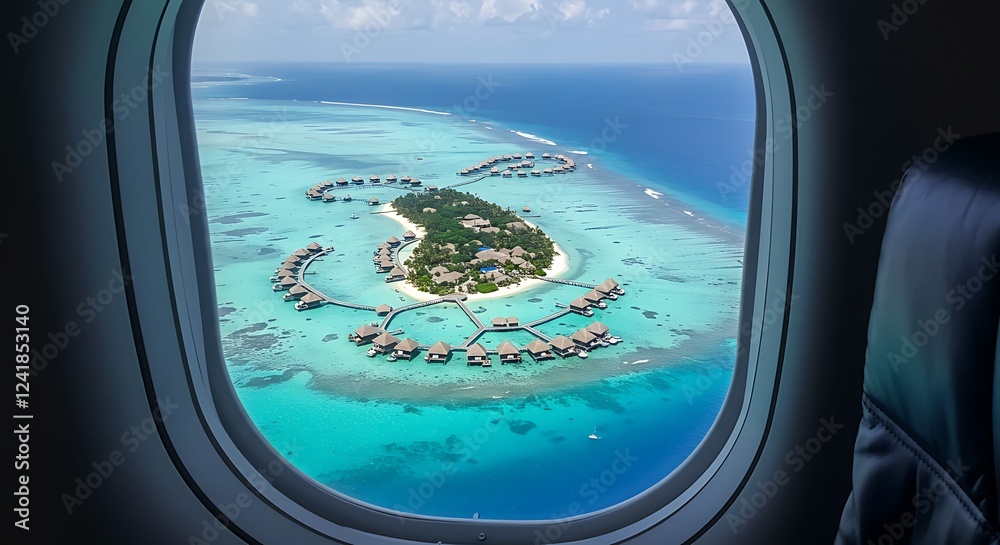 Fototapeta premium Airplane window with beautiful Maldives island view