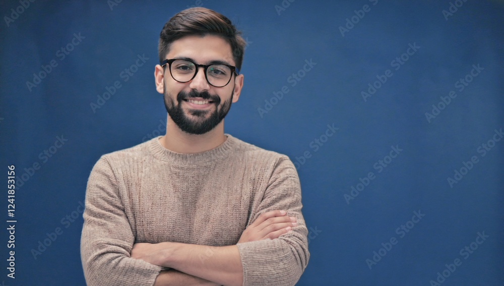 Young smiling man in casual clothes on blue background. Handsome bearded guy with glasses crosses his arms and looks at camera. Portrait Young smiling man in casual clothes on blue background. Handsome bearded guy with glasses crosses his arms and looks at camera. Portrait