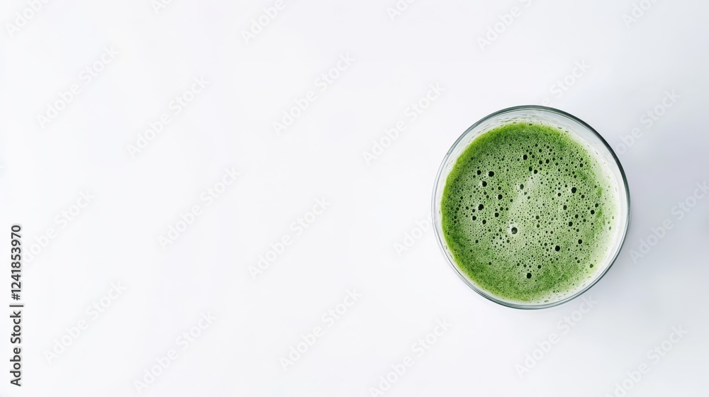 Green matcha tea in glass revealing smooth frothy surface, pale emerald liquid resting on clean white backdrop, emphasizing natural beverage elegance and texture Green matcha tea in glass revealing smooth frothy surface, pale emerald liquid resting on clean white backdrop, emphasizing natural beverage elegance and texture
