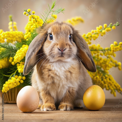 A cute bunny surrounded by colourful eggs and blossoming flowers during the spring festival of Easter. Wollpaper photo