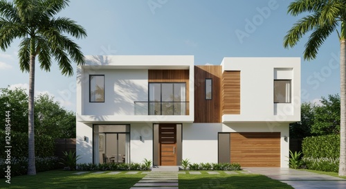 A contemporary two story house with a boxy geometric design