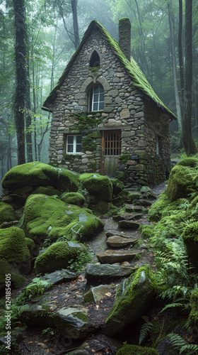 A stone cottage with moss-covered roof and walls sits in a misty forest, surrounded by lush greenery and stone steps. Concept of rustic charm and tranquility. For home decor inspiration. photo