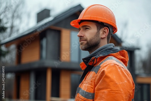 Construction worker dressed in orange protective gear looks at the ongoing building project, observing the work on a cloudy day photo