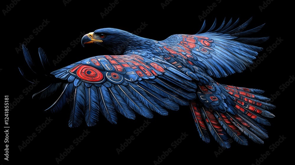 Obraz premium A stylized blue eagle in flight adorned with red patterns