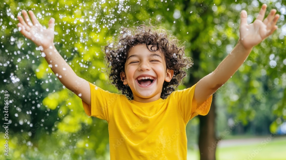 Joyful kid spreading arms, splashing through water drops, laughing while playing outdoors in sunny park on summer day Joyful kid spreading arms, splashing through water drops, laughing while playing outdoors in sunny park on summer day