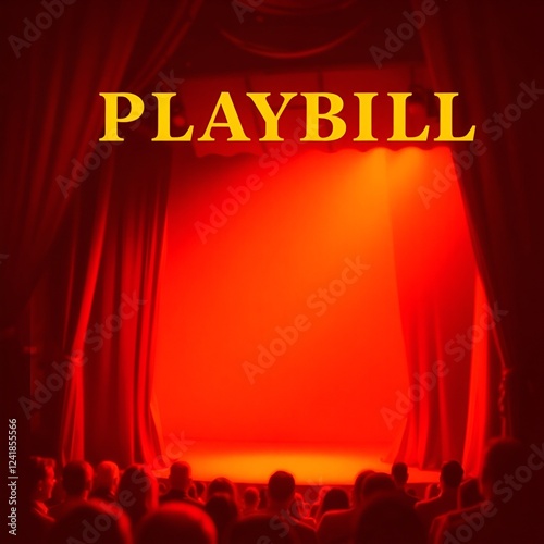 Classic playbill displayed on red curtain with audience in the theater