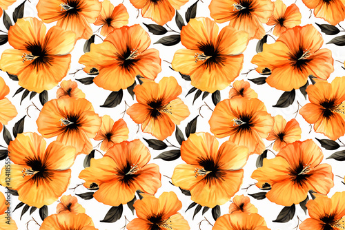 Wallpaper Mural Seamless watercolor hibiscus flowers orange and black background pattern wallpaper Torontodigital.ca